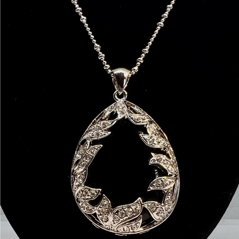 Silver-Tone Teardrop Obsidian Stone Encased Crystal Pendant & Matching Earrings - Picture 9 of 9